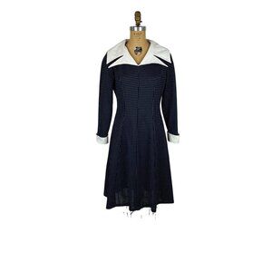 Vintage 70s Polka Dot Dress Womens M Navy Blue White Sailor Collar Mini Babydoll